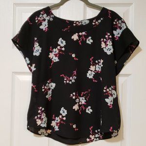 Banana Republic Floral Scoop Neck Short Sleeve Blouse Extra Small XS Black
